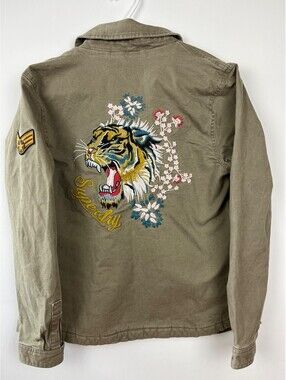 Superdry Rookie Green Jacket Small Tiger Embroidered Sherpa Lined Army Military